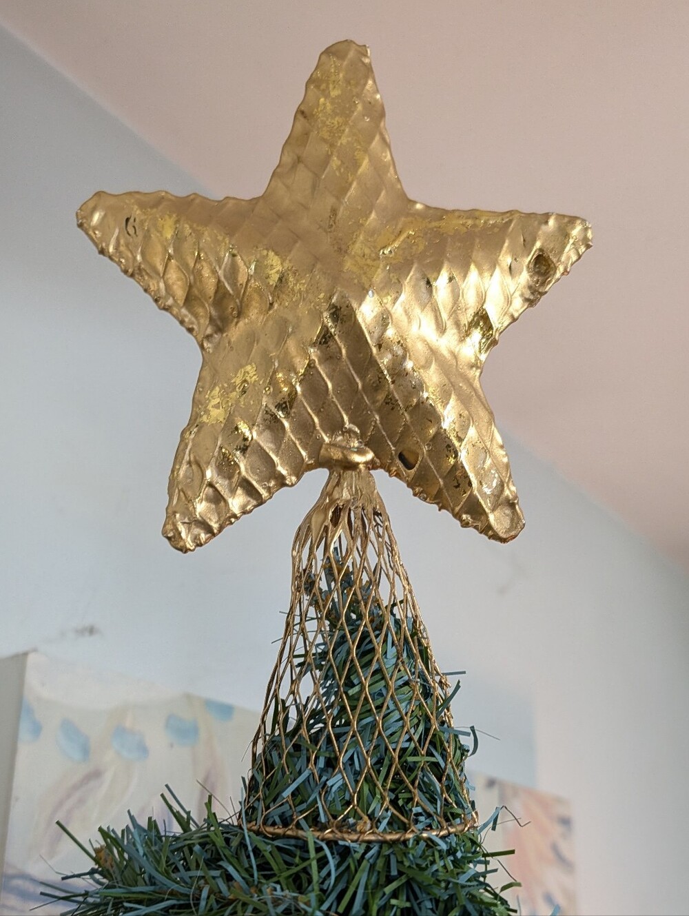 Paper Machete Gold Gilded, Painted Christmas Star Tree Topper Wire Hand Made VTG